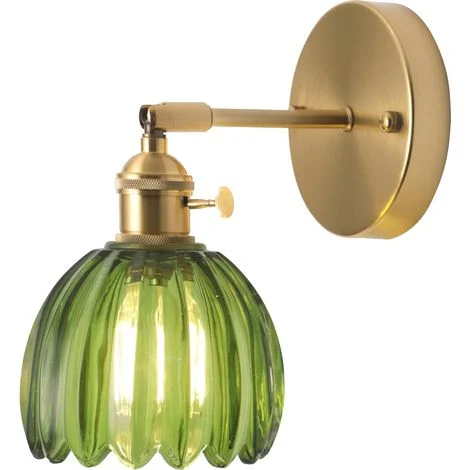 Applique da parete vintage a forma di fiore, in ottone dorato e vetro verde, con interruttore, attacco E27, per bagno, camera da letto, soggiorno, cucina, verde [classe energetica A]