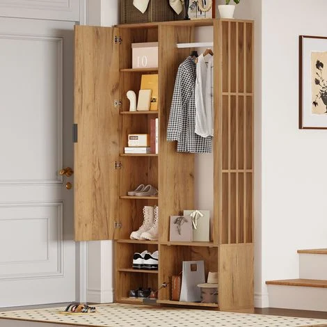 Mobile d'Ingresso con 2 Armadi e Specchio, 9 Vani Contenitore, Anta a Ribalta, Stile Minimalista, in Truciolare, Naturale, 100×33×190 cm