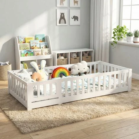 JOOKGBD-Letto Montessori 90x200 cm, Letto a Pavimento in Legno Massiccio con Protezione Anticaduta e Porta, Rete a Doghe, Letto Singolo per Bambini e Ragazzi, Bianco