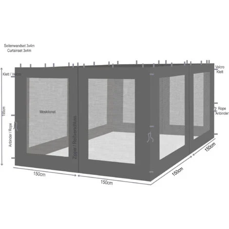 4 Seitenteile mit Moskitonetz für Rank Pavillon 3x3m Seitenwand Anthrazit RAL 7012
