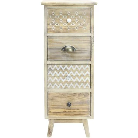 Rebecca Mobili Cassettiera Stretta Comodino 4 Cassetti in Legno Boho Shabby per Camera da letto