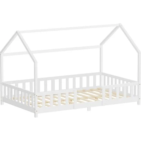 ML-Design Letto a Casetta per Bambini 120x200 cm Una Piazza e Mezza con Protezione Anticaduta, Tetto e Rete a Doghe, Bianco, Letto Montessori a Terra in Legno Massello di Pino, per Cameretta