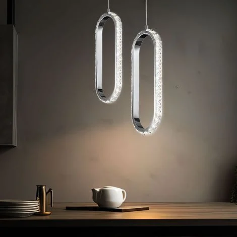 Lampada a sospensione in cristallo, tavolo da pranzo a LED dimmerabile, effetto cristallo regolabile in altezza, metallo cromato, 1x LED 12W 1100Lm 3000K, LxPxA 33,5x13x150cm, set di 2