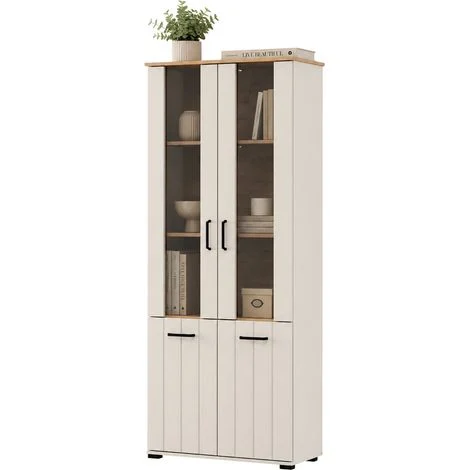 Vetrina Tadas, Mobile Espositore 4 Ripiani, 2 Ante, con Piedini, Anta Dettaglio Vetro, 79x36x191h cm Bianco Crema