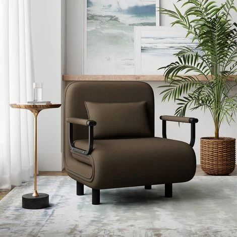 Fabulcozy Divano letto trasformabile 4 in 1, poltrona/letto in tessuto di lino con cuscino e braccioli in metallo, marrone, 60L x 68W x 85H cm