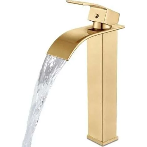 Rubinetto da bagno a cascata, monocomando, 1 foro, per lavabo moderno di camper, con raccordo per tubo flessibile, corpo alto, oro spazzolato.