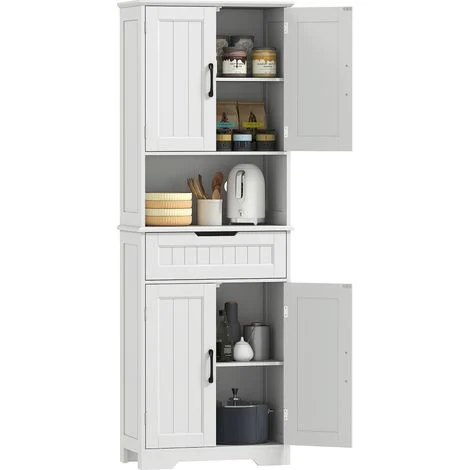 Credenza Cucina con 2 Armadietti e Cassetto, Piano Centrale Aperto e Ripiani Regolabili, Bianco
