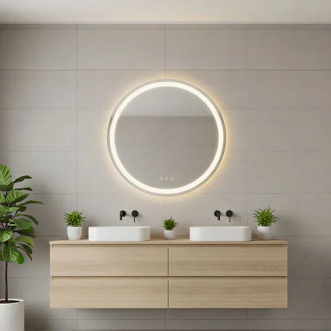 Auralum Max Specchio da bagno rotondo a LED 50 cm, Specchi luminosi bagno antiappannamento con interruttore touch, 3 colori dimmerabili, Impermeabile IP67