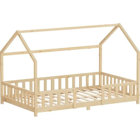 ML-Design Letto a Casetta per Bambini 120x200 cm Una Piazza e Mezza con Protezione Anticaduta, Tetto e Rete a Doghe, Naturale, Letto Montessori a Terra in Legno Massello di Pino, per Cameretta