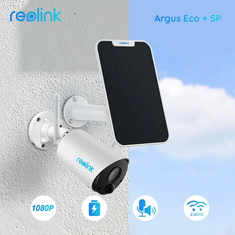 Reolink videocamere di sorveglianza per interni e esterni, Argus Eco 1080p telecamera da esterno a batteria+Pannello Solare, Rilevazione di Movimento PIR, Audio a 2 Vie, Visione Notturna, Compatibile