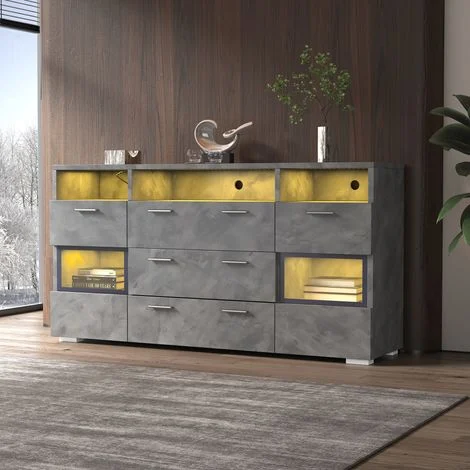 Credenza con 2 Ante, 3 Cassetti e LED Controllata da App, Ante in Acrilico, Stile Moderno, Grigio, 140×33,5×72,5 cm