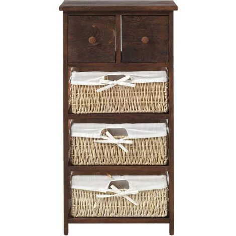 Rebecca Mobili Cassettiera 3 Ceste 2 Cassetti Legno Vimini Marrone 80x40x27