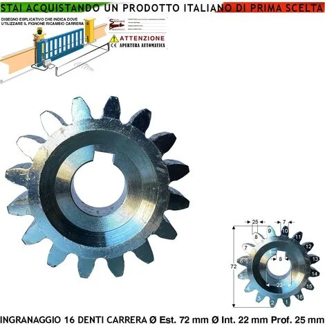 Ingranaggio Esterno 16 Denti Per Cremagliera Cancello Scorrevole Universale M4 in Acciaio Ricambio Motore Carrera 113000/1 Ø Ex 72 mm Ø foro 22 mm Zeppa di Fissaggio Spessore 25 mm Pignone Puleggia