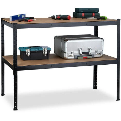 Relaxdays Banco da Lavoro Officina, Tavolo da Garage, 2 Scaffali, Altezza Regolabile, Acciaio e MDF, 90x120x60 cm, Nero