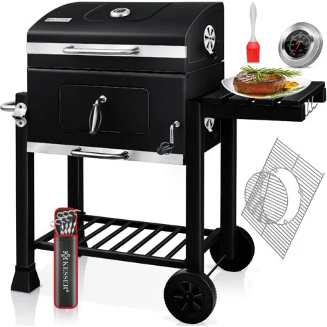 KESSER® BBQ Smoker XL Carrello per Barbecue a Carbone con Coperchio, Ruote, Maniglia in Acciaio Inox, Rastrelliera per griglia e Termometro, 8 Spiedini con Sacchetto e Spazzola in Silicone
