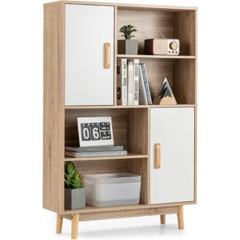 COSTWAY Libreria di Legno a 4 Livelli, Libreria con 2 Ante, 4 Mensole Aperte, Gambe in Legno di Gomma, Cuscinetti Antigraffio e Dispositivo Antiribaltamento, 80 x 24 x 119,5 cm (Bianco)