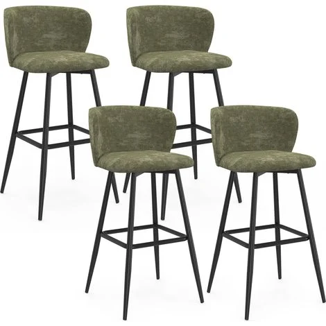 Set di 4 sgabelli da bar FANNY con seduta in ciniglia verde kaki e gambe in metallo nero