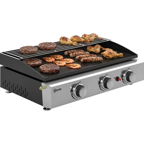 Piastra a gas in acciaio inox, 3 bruciatori, barbecue a gas con piastra smaltata e griglia scaldavivande, 7,5 kW, 62x44x21 cm, nero