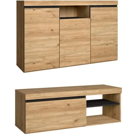 Skraut Home - Set Naturale soggiorno sala da pranzo, mobili ausiliari, buffet mobile-tv 120cm rovere nordico nero