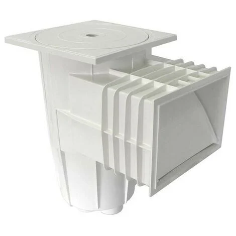 Skimmer da 15 litri di capacità con bocca standard e coperchio quadrato a pressione per piscine in cemento.