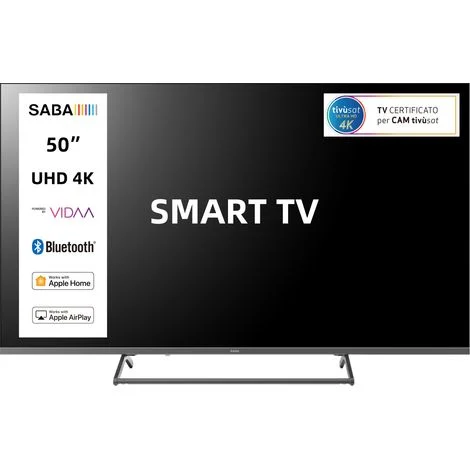 SABA SMART TV 50 pollici ULTRA HD 4K, Sistema operativo VIDAA, Triplo ter DVBT2/C/S2 HEVC MAIN10, Certificato TivuSAT, Piedistallo centrale, Dolby Audio