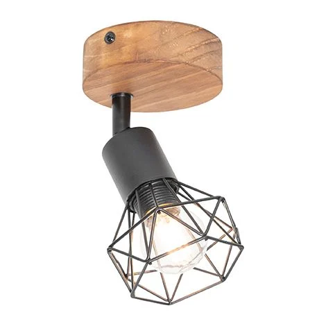 QAZQA Faretto da soffitto/parete mosh - Industriale - Acciaio,Legno - Nero/Marrone - Tondo Max. 1 x Watt