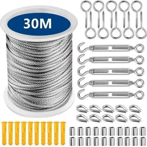 Cavo in acciaio inox 304 rivestito in nylon da 30 m – Tenditore e accessori inclusi – Per stendere i panni all'aperto