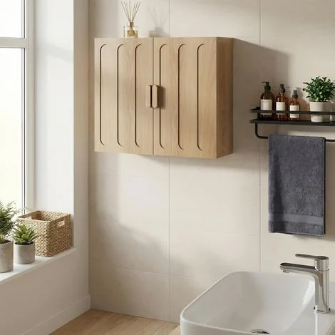 Pensile bagno sospeso - 2 ante - Mobile contenitore salvaspazio con ripiano regolabile - Stile scandinavo e moderno - Rovere naturale - 60 x 20 x 52 cm