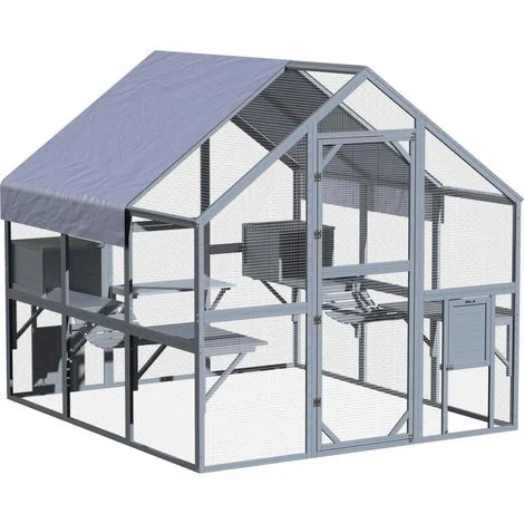 Wiltec Recinto per gatti da esterno 210 x 187 x 187 cm, recinzione antifuga in legno con telo di copertura impermeabile per il tetto, diversi livelli, per giardino, balcone, terrazzo