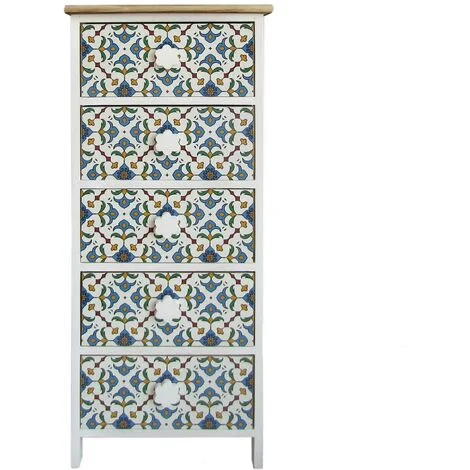 Rebecca Mobili Cassettiera 5 Cassetti Moderna Legno Chiaro Bianco Blu 93x40x30
