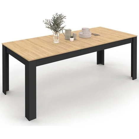 ROZY Tavolo da pranzo rettangolare allungabile per 6-10 persone, nero, piano effetto faggio 160-200 cm