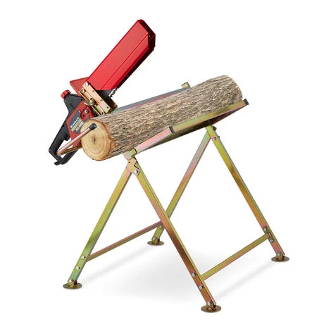 Relaxdays Cavalletto Taglialegna con Supporto Motosega, Tagliare Legno, Misurazione, Pieghegvole, Max. 120 kg, Dorato