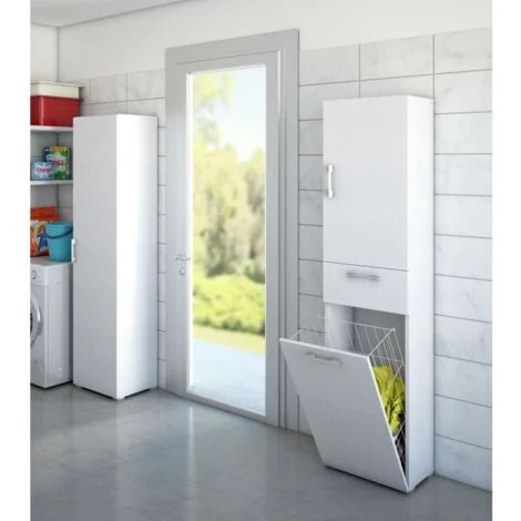 Terraneo Mobile Multiuso Bianco con Cestello Porta Biancheria 45x32x195