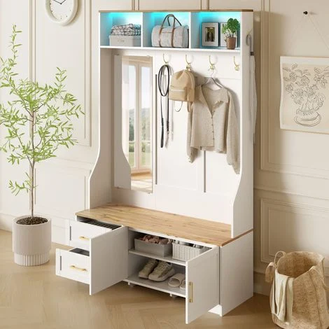 Mobile Ingresso con Specchio, LED, Ganci, Ante e Cassetti, Stile Moderno, in MDF, 120×40×187 cm, Bianco e Legno