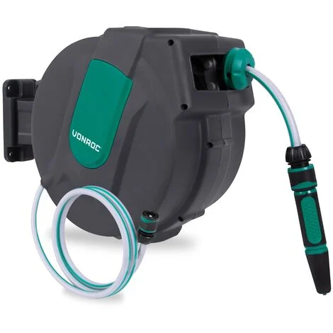 VONROC Avvolgitubo retrattile automatico da parete. Incl. Tubo da giardino da 15 m, tubo di collegamento, ugello, raccordi e connettore per rubinetto