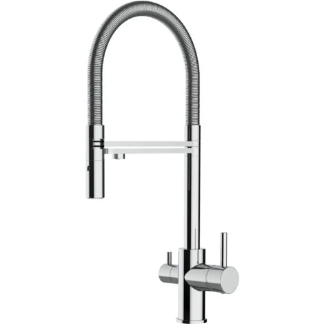 Rubinetto 3 vie miscelatore cucina cromato con canale separato per acqua filtrata, canna mollettone movibile e doccia due getti staccabile