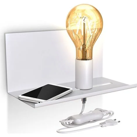 B.K.Licht, Lampada da parete con mensola, Interruttore sul cavo di alimentazione, attacco per lampadina E27 non inclusa, Applique retrò per camera, Lampada da muro con 1 punto luce, bianco opaco