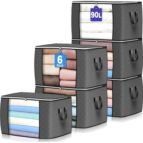 Set di 6 grandi sacchi portaoggetti da 90 litri, contenitore porta abiti, organizer pieghevole per guardaroba con manici rinforzati per vestiti, coperte, piumoni, lenzuola, cuscini e giocattoli (grigi