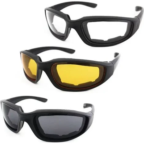 3 paia di occhiali da moto, montatura nera con imbottitura in silicone, lenti polarizzate in policarbonato UV400, per motociclisti e attività all'aperto.
