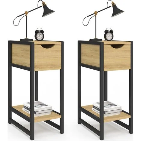 Set di 2 comodini a 1 cassetto DETROIT con ripiano in metallo nero e legno, design industriale
