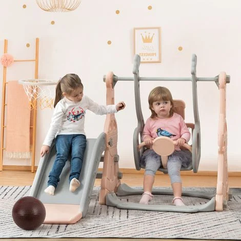 Area giochi bambini 4 in 1 con scivolo, altalena, canestro da basket, scala per arrampicata – struttura giochi per bebè, per interno ed esterno, da giardino, in plastica HDPE, sicura, evolutiva, per e