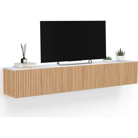 Mobile TV sospeso JULIETTE 180 cm con 2 ante, piano effetto marmo, doghe in legno color rovere