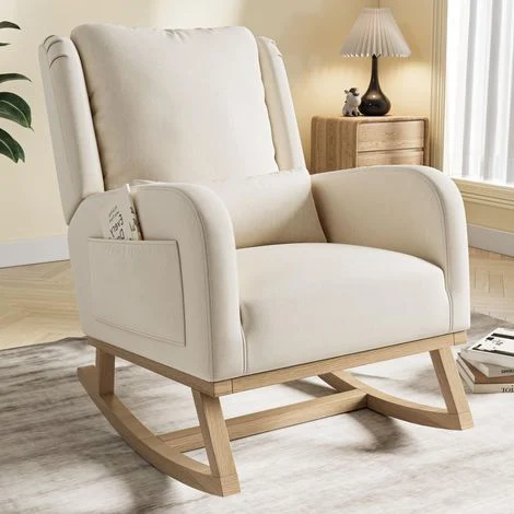 Poltrona a dondolo 93x52x96 cm - Sedia a dondolo moderna con tasche laterali e schienale imbottito - Poltrona relax ergonomica per soggiorno e camera - Lino - Beige