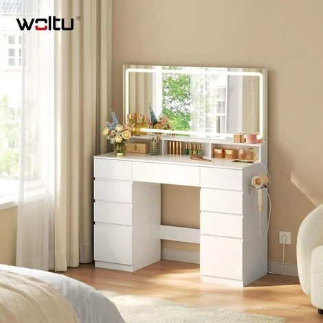 WOLTU Tavolo da trucco con specchio ingranditore 5x, tavolo da trucco con 9 cassetti e luce LED a 3 colori, scrivania da trucco per ragazze, bianco