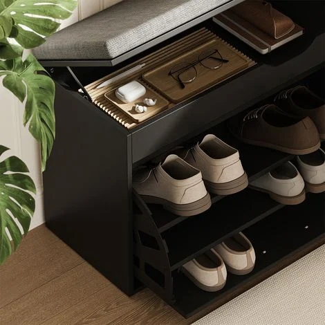 Panca scarpiera da ingresso Solino, Nero/Grigio, 90 x 50 cm con sedile, Vicco