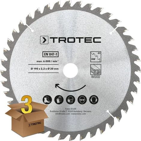 Trotec Set di lame per seghe circolari per legno Ø 190 mm (40 denti), 3 pezzi