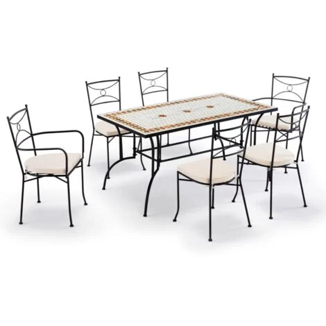 Set pranzo da giardino 6 posti con tavolo in mosaico di ceramica sedie e cuscini