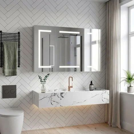 Specchiera contenitore a LED 3 ante 100x60 cm con presa e USB - Mobile specchio per bagno antiappannamento, illuminazione dimmerabile e interruttore touch