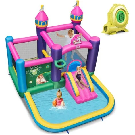 COSTWAY Castello Gonfiabile per bambini, Casa Gonfiabile con Scivolo, Area per Saltare, Piscina, con Borsa di Trasporto e Kit di Riparazione, per 3 Bambini di 3-10 Anni (Con soffiatore)