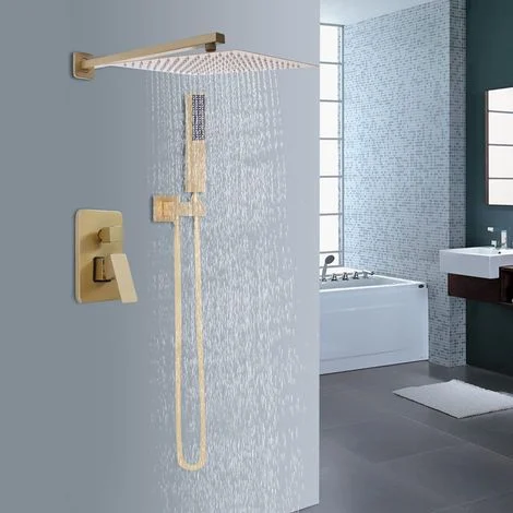Set doccia da incasso in oro spazzolato, 12 pollici, soffione doccia a pioggia con soffione doccia, 2 funzioni in ottone per vasca da bagno